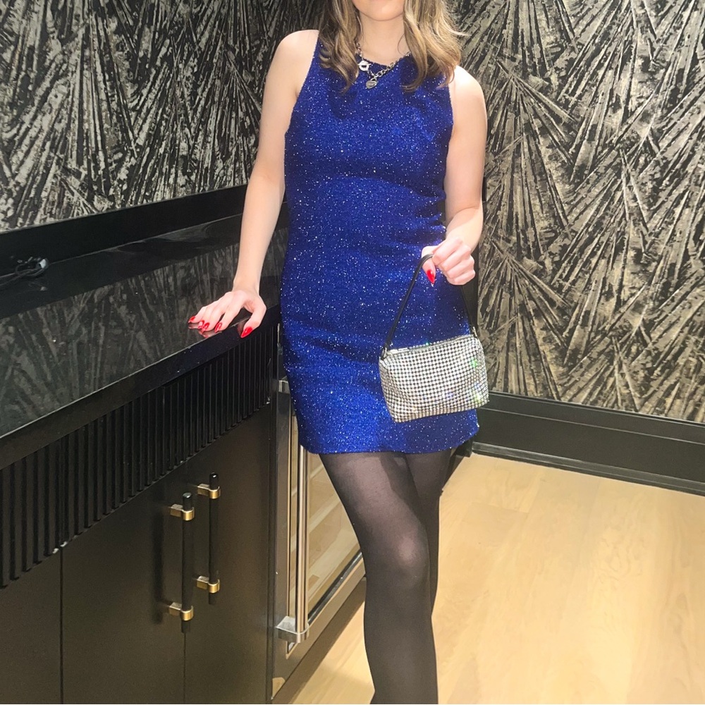 VALERIE DUMAINE Sparkly Tinsel Cut Off Blue Short Dress Women’s Size 4/6